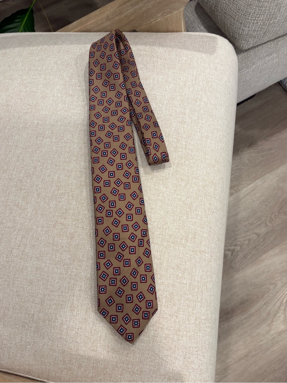 Polo by Ralph Lauren Tan Silk Tie with Navy & Cream Geometric Motif